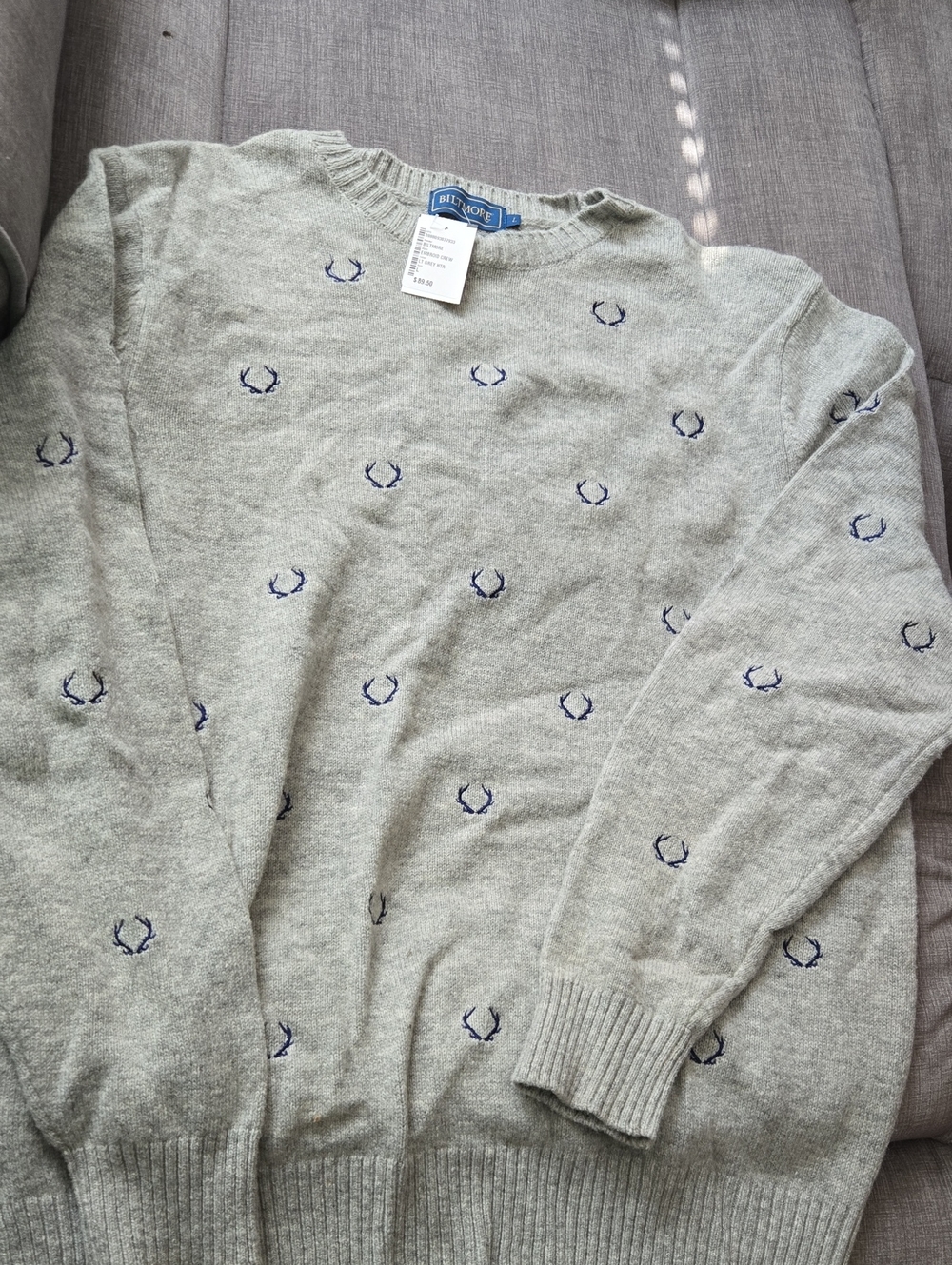 Light Gray Crewneck Sweater with Navy Emblems